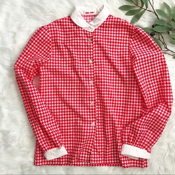 Vintage Tops - Vintage Red White Houndstooth Button Down Shirt